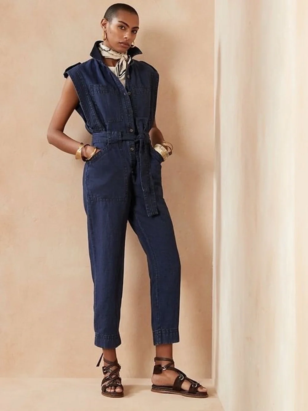 Banana Republic Sleeveless Dark Indigo Denim Jumpsuit No Belt